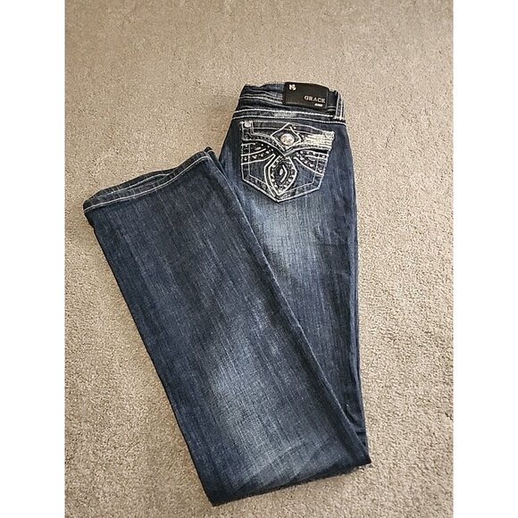 Grace In LA Women's Size 9/28 Embellished Flap Pockets  Heavy Stitch Bootcut - Picture 3 of 16